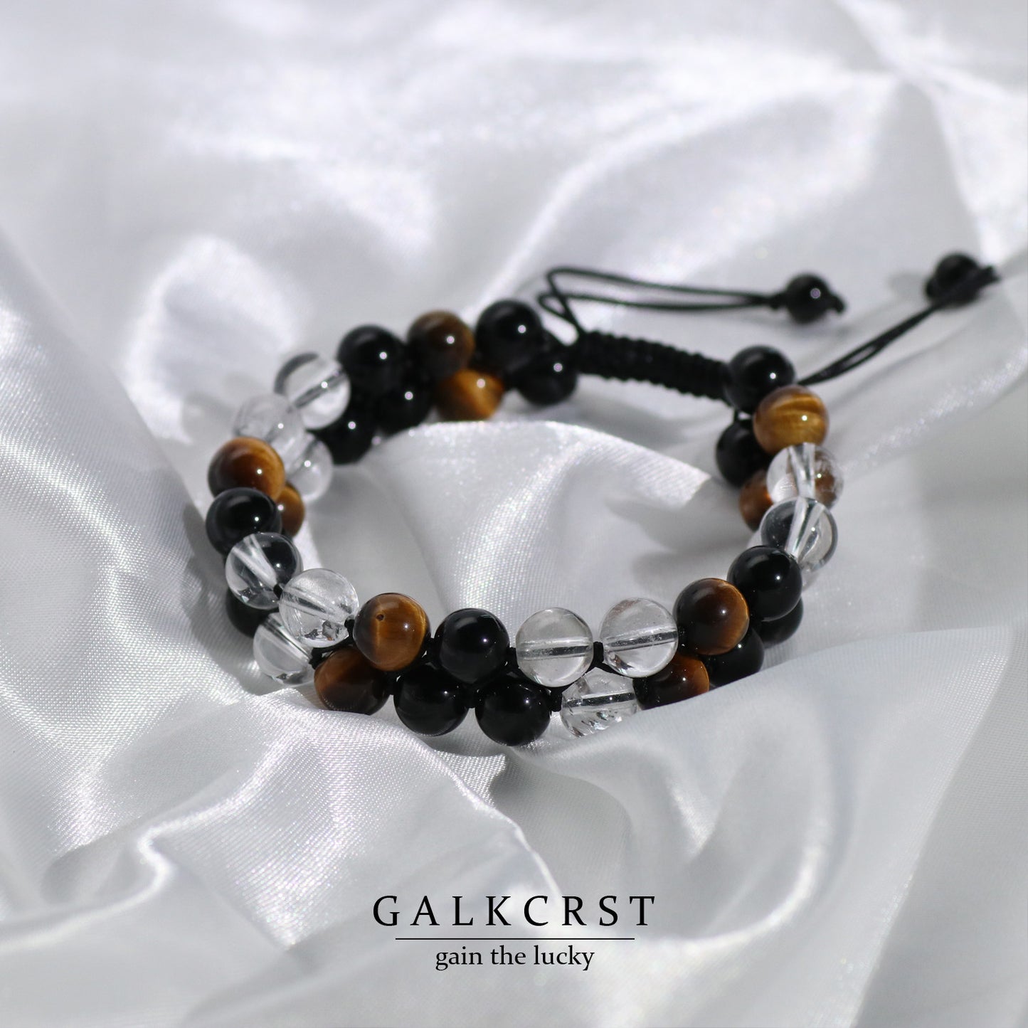 Tiger Eye, Black Obsidian & Clear Quartz Bracelet, Double Stacked, 8mm