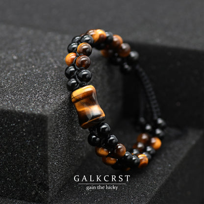 Tiger Eye & Black Obsidian Bracelet, Double Stacked, 6mm