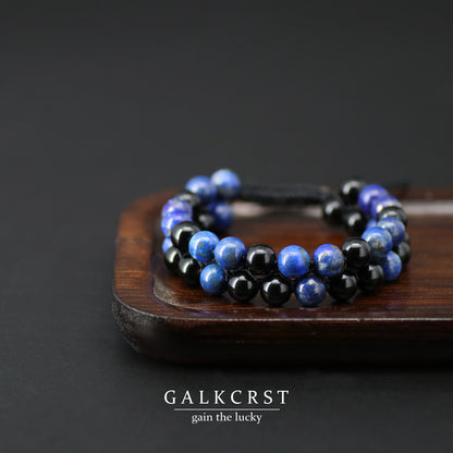 Black Obsidian & Lapis Lazuli Bracelet, Double Stacked, 8mm