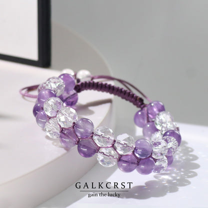 Amethyst & Clear Quartz Bracelet, Double Stacked, 8mm