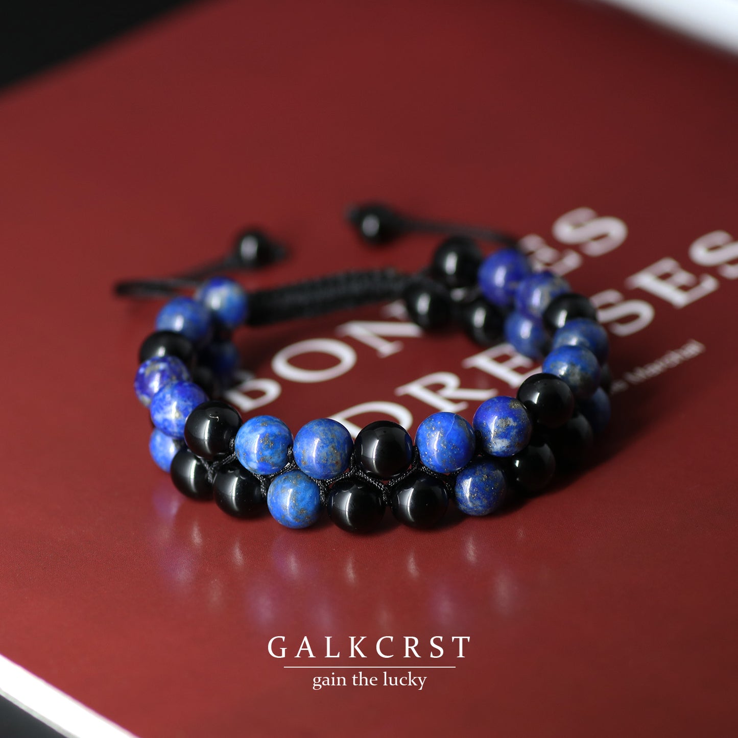 Black Obsidian & Lapis Lazuli Bracelet, Double Stacked, 8mm