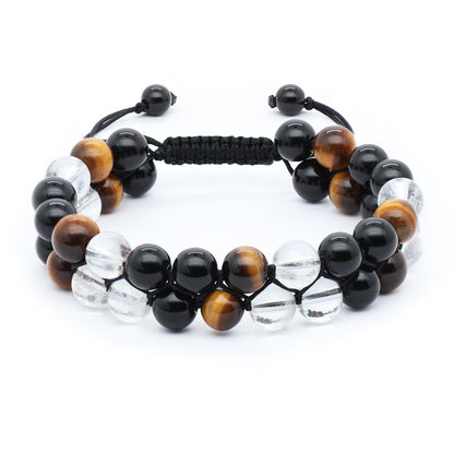 Tiger Eye, Black Obsidian & Clear Quartz Bracelet, Double Stacked, 8mm