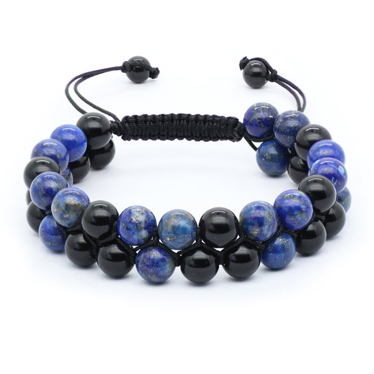 Black Obsidian & Lapis Lazuli Bracelet, Double Stacked, 8mm